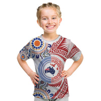 Tongan and Australian Culture Together Kid T Shirt Ngatu Art Tribal Aboriginal Tattoo Pattern LT03 White - Polynesian Pride