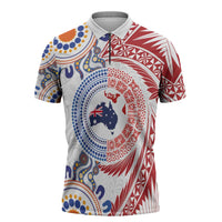 Tongan and Australian Culture Together Zipper Polo Shirt Ngatu Art Tribal Aboriginal Tattoo Pattern - Polynesian Pride