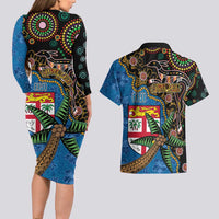 Fijian and Australian Culture Together Couples Matching Long Sleeve Bodycon Dress and Hawaiian Shirt Aboriginal Art and Tapa Motifs with Kangaroo and Palm Tree - Polynesian Pride