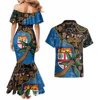 Fijian and Australian Culture Together Couples Matching Mermaid Dress and Hawaiian Shirt Aboriginal Art and Tapa Motifs with Kangaroo and Palm Tree - Polynesian Pride