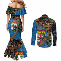 Fijian and Australian Culture Together Couples Matching Mermaid Dress and Long Sleeve Button Shirt Aboriginal Art and Tapa Motifs with Kangaroo and Palm Tree - Polynesian Pride