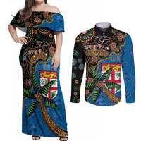 Fijian and Australian Culture Together Couples Matching Off Shoulder Maxi Dress and Long Sleeve Button Shirt Aboriginal Art and Tapa Motifs with Kangaroo and Palm Tree - Polynesian Pride