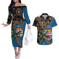 Fijian and Australian Culture Together Couples Matching Off The Shoulder Long Sleeve Dress and Hawaiian Shirt Aboriginal Art and Tapa Motifs with Kangaroo and Palm Tree - Polynesian Pride