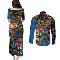 Fijian and Australian Culture Together Couples Matching Puletasi and Long Sleeve Button Shirt Aboriginal Art and Tapa Motifs with Kangaroo and Palm Tree - Polynesian Pride
