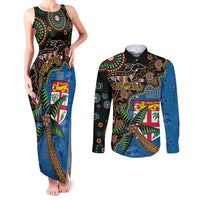 Fijian and Australian Culture Together Couples Matching Tank Maxi Dress and Long Sleeve Button Shirt Aboriginal Art and Tapa Motifs with Kangaroo and Palm Tree - Polynesian Pride
