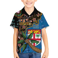 Fijian and Australian Culture Together Family Matching Off The Shoulder Long Sleeve Dress and Hawaiian Shirt Aboriginal Art and Tapa Motifs with Kangaroo and Palm Tree - Polynesian Pride