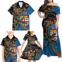 Fijian and Australian Culture Together Family Matching Off Shoulder Maxi Dress and Hawaiian Shirt Aboriginal Art and Tapa Motifs with Kangaroo and Palm Tree - Polynesian Pride