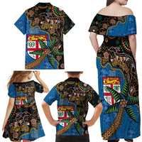 Fijian and Australian Culture Together Family Matching Off Shoulder Maxi Dress and Hawaiian Shirt Aboriginal Art and Tapa Motifs with Kangaroo and Palm Tree - Polynesian Pride