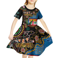 Fijian and Australian Culture Together Kid Short Sleeve Dress Aboriginal Art and Tapa Motifs with Kangaroo and Palm Tree - Polynesian Pride