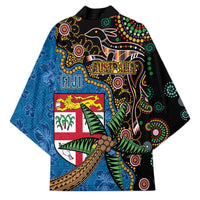 Fijian and Australian Culture Together Kimono Aboriginal Art and Tapa Motifs with Kangaroo and Palm Tree - Polynesian Pride