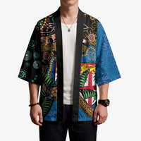 Fijian and Australian Culture Together Kimono Aboriginal Art and Tapa Motifs with Kangaroo and Palm Tree - Polynesian Pride