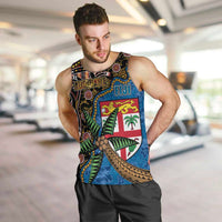 Fijian and Australian Culture Together Men Tank Top Aboriginal Art and Tapa Motifs with Kangaroo and Palm Tree - Polynesian Pride