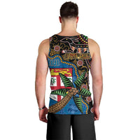 Fijian and Australian Culture Together Men Tank Top Aboriginal Art and Tapa Motifs with Kangaroo and Palm Tree - Polynesian Pride