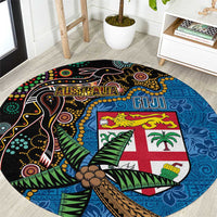 Fijian and Australian Culture Together Round Carpet Aboriginal Art and Tapa Motifs with Kangaroo and Palm Tree - Polynesian Pride