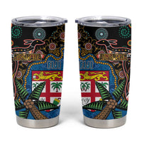 Fijian and Australian Culture Together Tumbler Cup Aboriginal Art and Tapa Motifs with Kangaroo and Palm Tree - Polynesian Pride