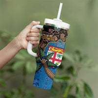 Fijian and Australian Culture Together Tumbler With Handle Aboriginal Art and Tapa Motifs with Kangaroo and Palm Tree - Polynesian Pride