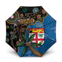 Fijian and Australian Culture Together Umbrella Aboriginal Art and Tapa Motifs with Kangaroo and Palm Tree - Polynesian Pride