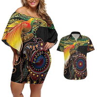 Papua New Guinea and Australia Together Couples Matching Off Shoulder Short Dress and Hawaiian Shirt Bird of Paradise and Kangaroo Melanesian Aboriginal Motifs - Polynesian Pride