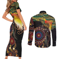 Papua New Guinea and Australia Together Couples Matching Short Sleeve Bodycon Dress and Long Sleeve Button Shirt Bird of Paradise and Kangaroo Melanesian Aboriginal Motifs - Polynesian Pride