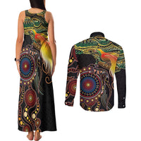 Papua New Guinea and Australia Together Couples Matching Tank Maxi Dress and Long Sleeve Button Shirt Bird of Paradise and Kangaroo Melanesian Aboriginal Motifs - Polynesian Pride