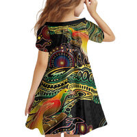 Papua New Guinea and Australia Together Kid Short Sleeve Dress Bird of Paradise and Kangaroo Melanesian Aboriginal Motifs - Polynesian Pride