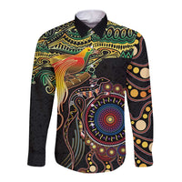 Papua New Guinea and Australia Together Long Sleeve Button Shirt Bird of Paradise and Kangaroo Melanesian Aboriginal Motifs - Polynesian Pride