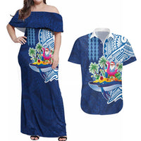 Hawaiian Mele Kalikimaka Couples Matching Off Shoulder Maxi Dress and Hawaiian Shirt Funny Santa on Whale Island with Kakau Tattoos - Polynesian Pride