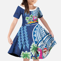 Hawaiian Mele Kalikimaka Family Matching Long Sleeve Bodycon Dress and Hawaiian Shirt Funny Santa on Whale Island with Kakau Tattoos LT03 Daughter's Dress Blue - Polynesian Pride