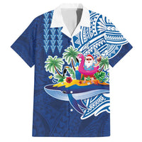 Hawaiian Mele Kalikimaka Family Matching Off Shoulder Short Dress and Hawaiian Shirt Funny Santa on Whale Island with Kakau Tattoos LT03 Dad's Shirt - Short Sleeve Blue - Polynesian Pride