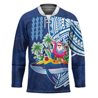 Hawaiian Mele Kalikimaka Hockey Jersey Funny Santa on Whale Island with Kakau Tattoos LT03 Unisex Blue - Polynesian Pride