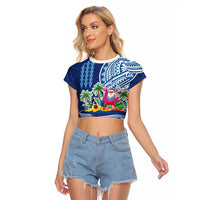 Hawaiian Mele Kalikimaka Raglan Cropped T Shirt Funny Santa on Whale Island with Kakau Tattoos - Polynesian Pride