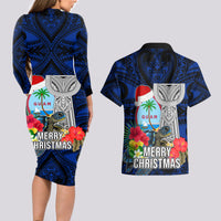 Guam Christmas Couples Matching Long Sleeve Bodycon Dress and Hawaiian Shirt Santa Gift Latte Stone and Sea Turle Mix Hibiscus Chamorro Blue Style LT03