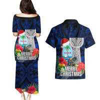 Guam Christmas Couples Matching Puletasi Dress and Hawaiian Shirt Santa Gift Latte Stone and Sea Turle Mix Hibiscus Chamorro Blue Style LT03 - Polynesian Pride