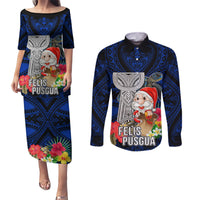 Guam Christmas Couples Matching Puletasi Dress and Long Sleeve Button Shirt Santa Gift Latte Stone and Sea Turle Mix Hibiscus Chamorro Blue Style LT03