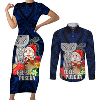 Guam Christmas Couples Matching Short Sleeve Bodycon Dress and Long Sleeve Button Shirt Santa Gift Latte Stone and Sea Turle Mix Hibiscus Chamorro Blue Style LT03