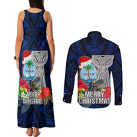 Guam Christmas Couples Matching Tank Maxi Dress and Long Sleeve Button Shirt Santa Gift Latte Stone and Sea Turle Mix Hibiscus Chamorro Blue Style LT03
