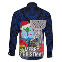 Guam Christmas Family Matching Off Shoulder Long Sleeve Dress and Hawaiian Shirt Santa Gift Latte Stone and Sea Turle Mix Hibiscus Chamorro Blue Style LT03