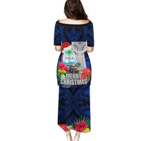 Guam Christmas Family Matching Puletasi Dress and Hawaiian Shirt Santa Gift Latte Stone and Sea Turle Mix Hibiscus Chamorro Blue Style LT03