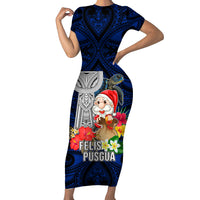 Guam Christmas Short Sleeve Bodycon Dress Santa Gift Latte Stone and Sea Turle Mix Hibiscus Chamorro Blue Style LT03