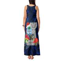 Guam Christmas Tank Maxi Dress Santa Gift Latte Stone and Sea Turle Mix Hibiscus Chamorro Blue Style LT03 - Polynesian Pride