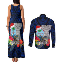 Custom Guam Christmas Couples Matching Tank Maxi Dress and Long Sleeve Button Shirt Santa Gift Latte Stone and Sea Turle Mix Hibiscus Chamorro Blue Style LT03