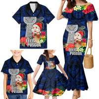 Custom Guam Christmas Family Matching Mermaid Dress and Hawaiian Shirt Santa Gift Latte Stone and Sea Turle Mix Hibiscus Chamorro Blue Style LT03