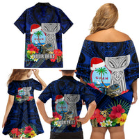 Custom Guam Christmas Family Matching Off Shoulder Short Dress and Hawaiian Shirt Santa Gift Latte Stone and Sea Turle Mix Hibiscus Chamorro Blue Style LT03
