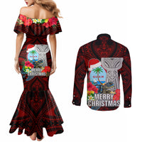 Guam Christmas Couples Matching Mermaid Dress and Long Sleeve Button Shirt Santa Gift Latte Stone and Sea Turle Mix Hibiscus Chamorro Red Style LT03