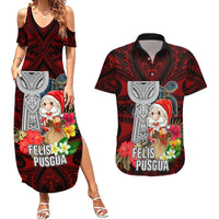 Guam Christmas Couples Matching Summer Maxi Dress and Hawaiian Shirt Santa Gift Latte Stone and Sea Turle Mix Hibiscus Chamorro Red Style LT03