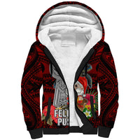 Guam Christmas Sherpa Hoodie Santa Gift Latte Stone and Sea Turle Mix Hibiscus Chamorro Red Style LT03 Unisex Red - Polynesian Pride