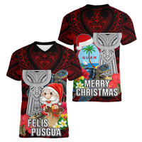 Guam Christmas Women V Neck T Shirt Santa Gift Latte Stone and Sea Turle Mix Hibiscus Chamorro Red Style LT03