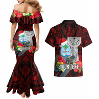 Custom Guam Christmas Couples Matching Mermaid Dress and Hawaiian Shirt Santa Gift Latte Stone and Sea Turle Mix Hibiscus Chamorro Red Style LT03