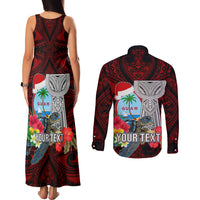 Custom Guam Christmas Couples Matching Tank Maxi Dress and Long Sleeve Button Shirt Santa Gift Latte Stone and Sea Turle Mix Hibiscus Chamorro Red Style LT03