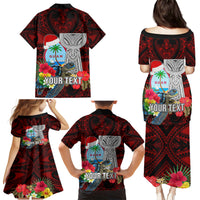 Custom Guam Christmas Family Matching Puletasi Dress and Hawaiian Shirt Santa Gift Latte Stone and Sea Turle Mix Hibiscus Chamorro Red Style LT03